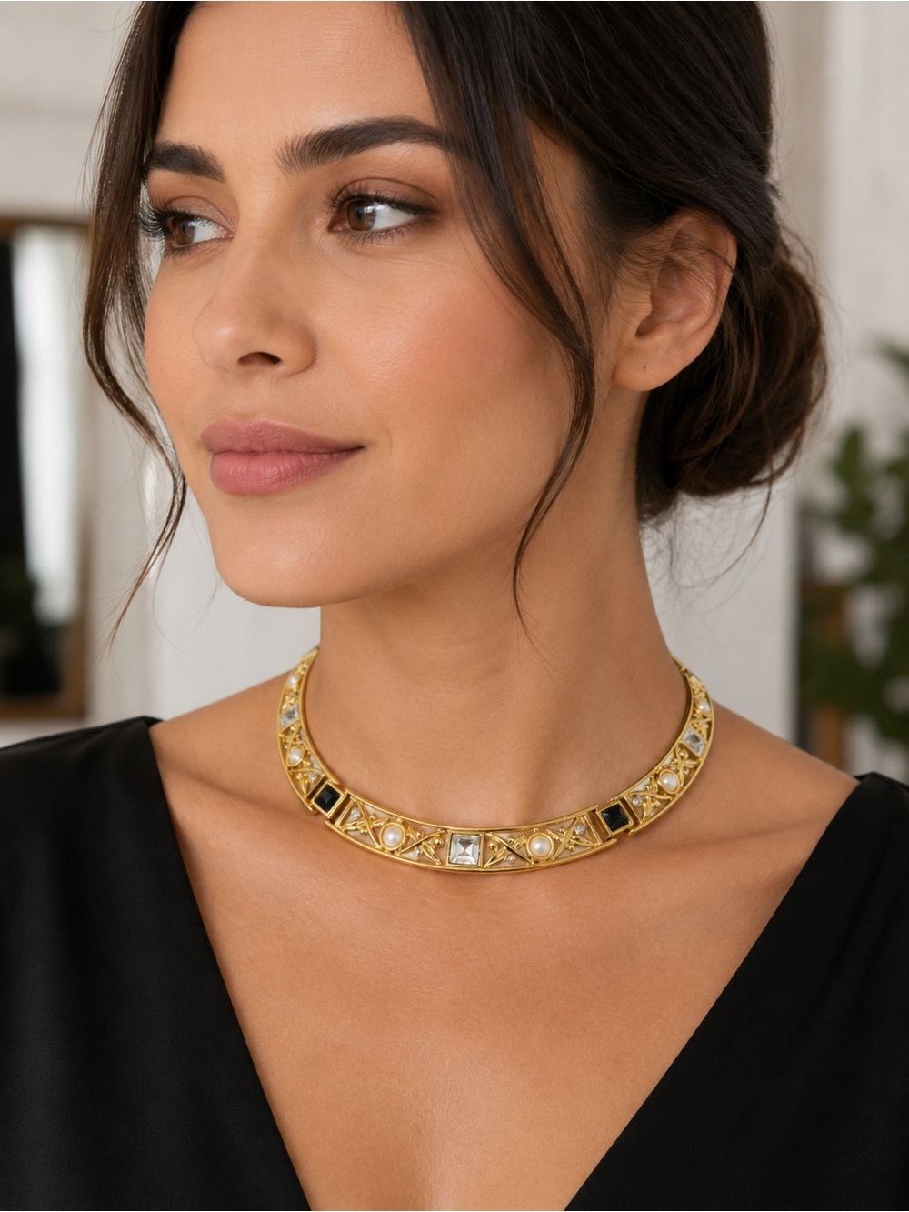 Monet Gold-Tone Collar Necklace with Pearls and Black Accents